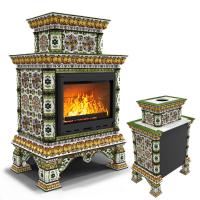 КимрПечь Кострома пристенный двухъярусный Август. Изразцовая печь камин (топка: Ладья-600) (топка: Ладья-600)